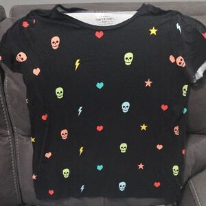 Torrid Black Tee with Colorful Skulls and Hearts